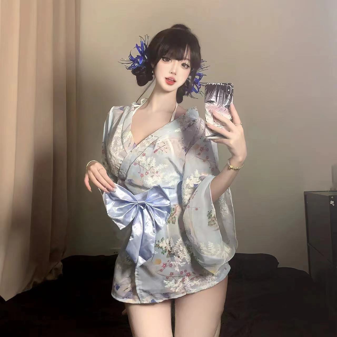 日系性感和服V领樱花连衣裙收腰显瘦带文胸T裤喇叭袖制服短裙qqny