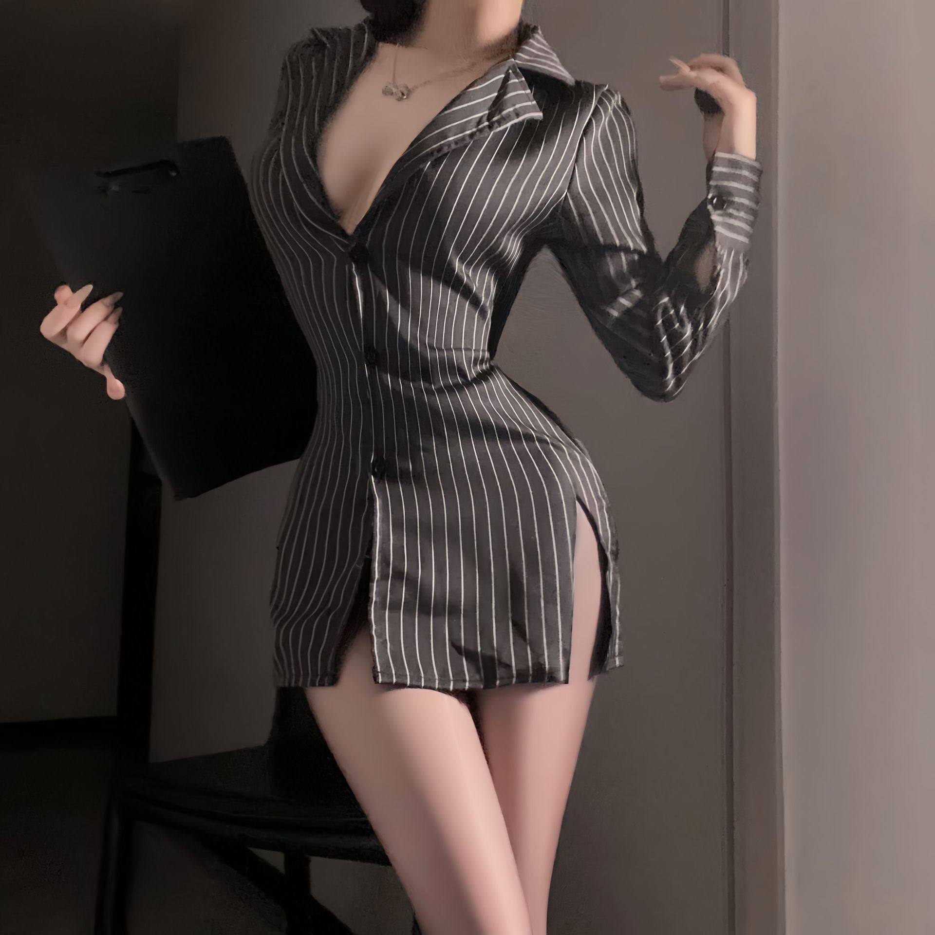 OL御姐性感秘书制服纯欲低胸撞色条纹衬衣夜店男友风衬衫黑色显瘦
