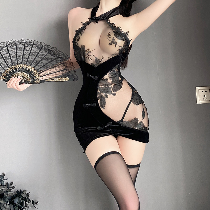 新中式旗袍性感纯欲睡裙女款辣妹紧身包臀裙复古刺绣丝绒透视内衣