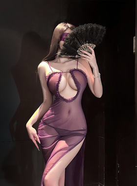 性感紫色蕾丝吊带裙轻熟御姐睡衣吊带性感氛围感修身绒毛包臀裙女