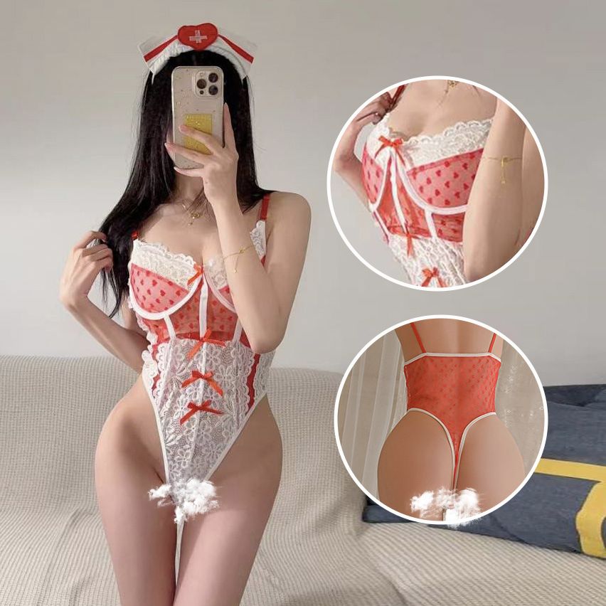 护士服cos甜辣性感爱心波点蕾丝吊带连体护士纯欲蝴蝶结透视睡衣