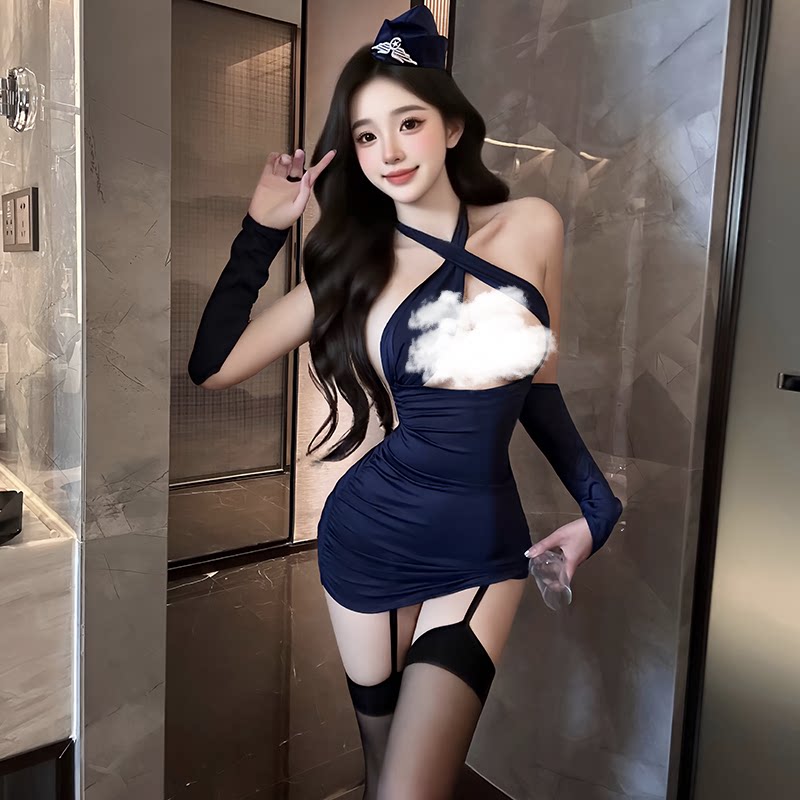 云端心机*性感空姐制服镂空交叉露背包臀裙套装房事勾魂衣服qqny