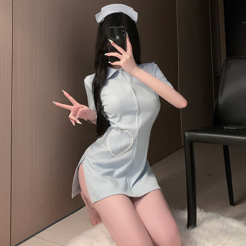 性感纯欲蓝色拉链护士连衣裙制服cos角色扮演情侣约会晴趣qqny