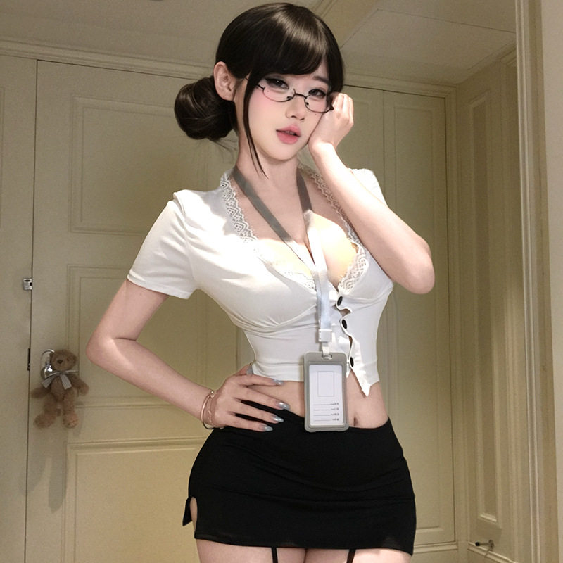 情趣性感睡裙纯欲风深V蕾丝花边包臀短裙甜美OL秘书制服qqny装