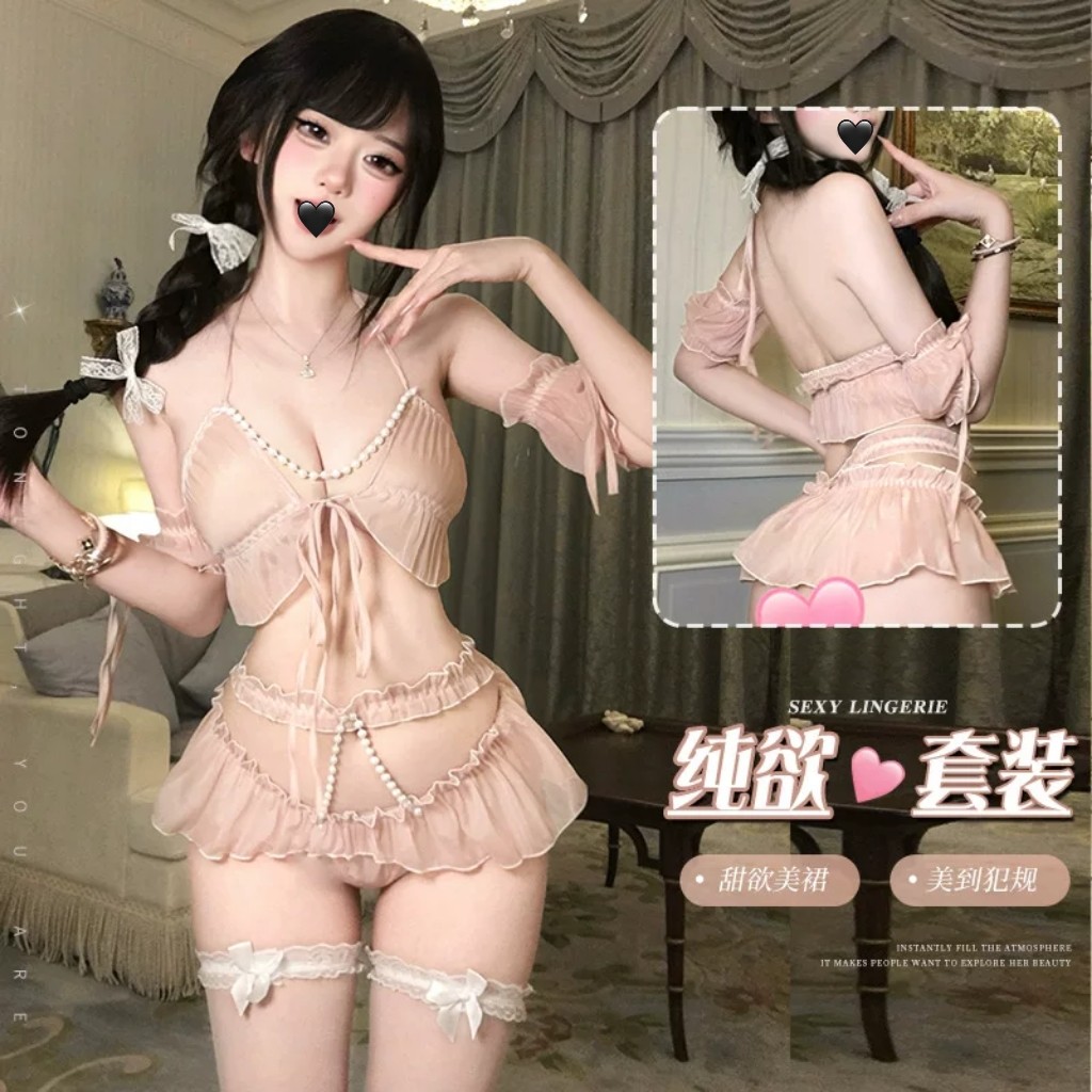 趣情内衣纯欲性感少女挂脖镂空系带珠链露臀制服免脱约会透视装qq
