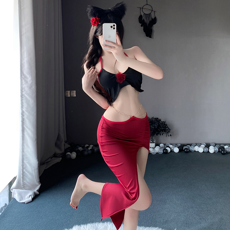 情趣味内衣性感挂脖长裙女高开叉金链饰腰夜店高个子制服睡衣套装