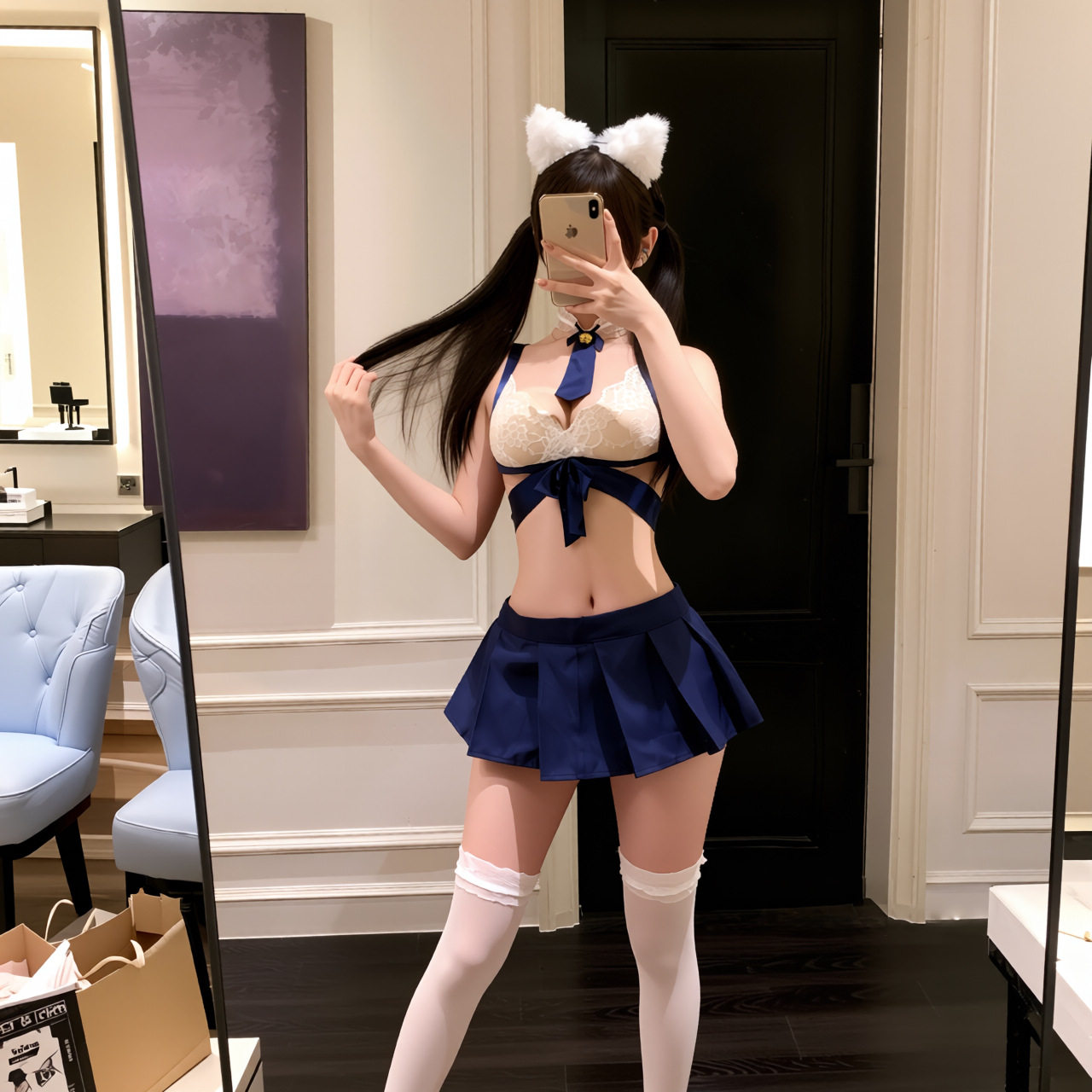 纯欲甜系少女蝴蝶结禁欲系jk蕾丝上衣百褶裙性感约会占袍睡衣套装