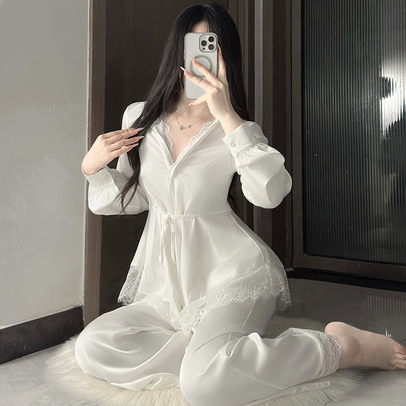 情趣性感睡衣女夏秋纯欲风高级蕾丝大码长袖衬衫女士家居服套装女