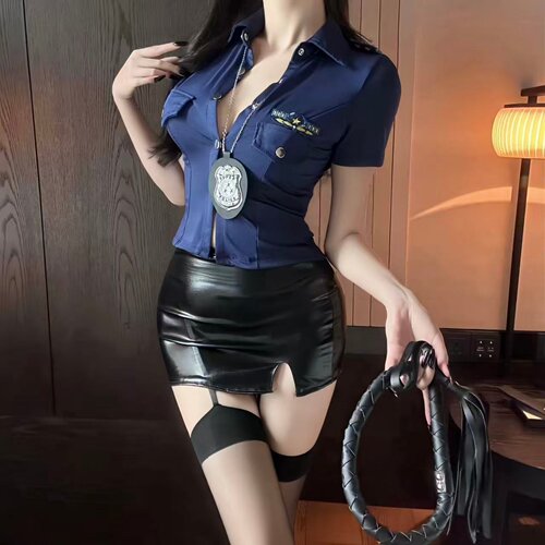 情趣御姐风性感辣妹cos女警制服新款纯欲诱惑制服漆皮包臀裙qqny