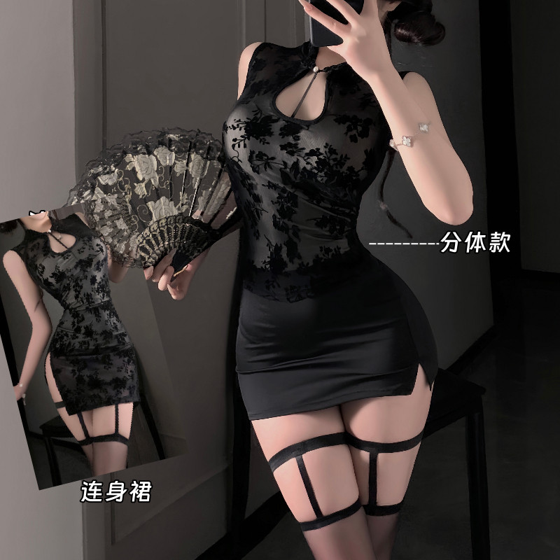 新中式改良旗袍无袖背心连衣裙女夏季黑色开叉收腰中长款包臀裙子