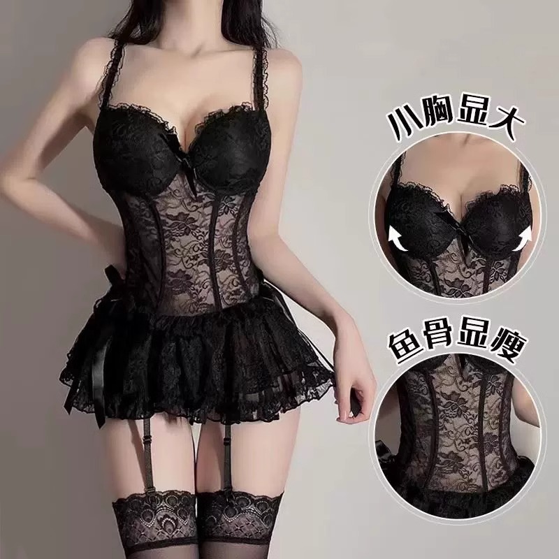 大码内衣小胸聚拢床上蕾丝制服2025纯欲睡衣女套装新款性感黑色裙