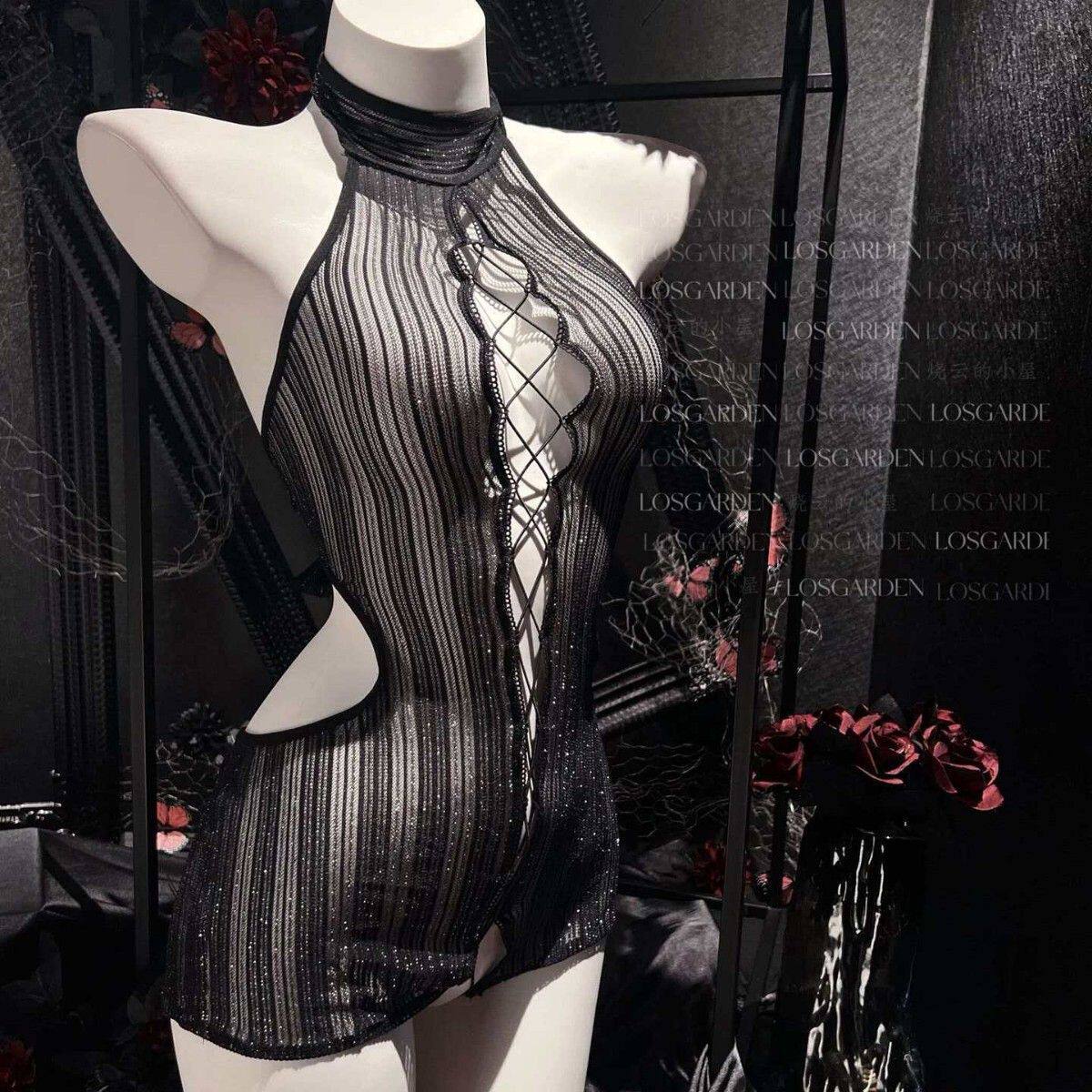 黑莓方糖*透视*诱惑黑色性感免脱镂空网衣包臀裙绑带小胸开裆制服