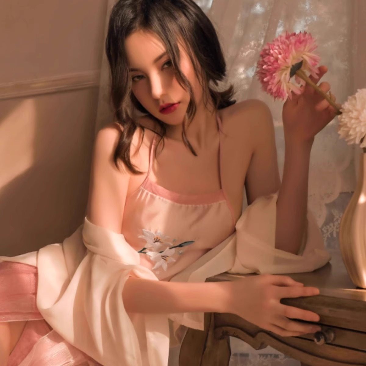 国潮性感睡衣女内衣轻纱披肩肚兜蕾丝系带情趣纯欲套装新中式风