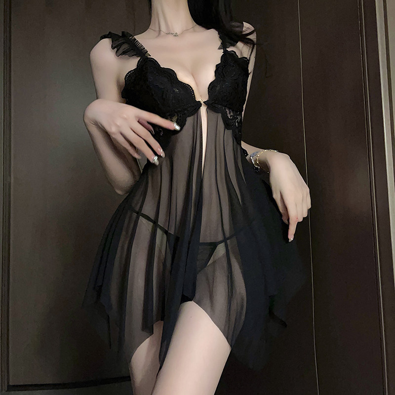 qq睡衣性感情趣网纱透视制服蕾丝诱惑制服睡衣带胸垫显大纯欲睡裙