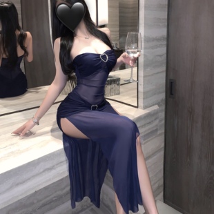 性感气质高级感若隐若现漏肩高开叉网纱透视连身裙约会制服女
