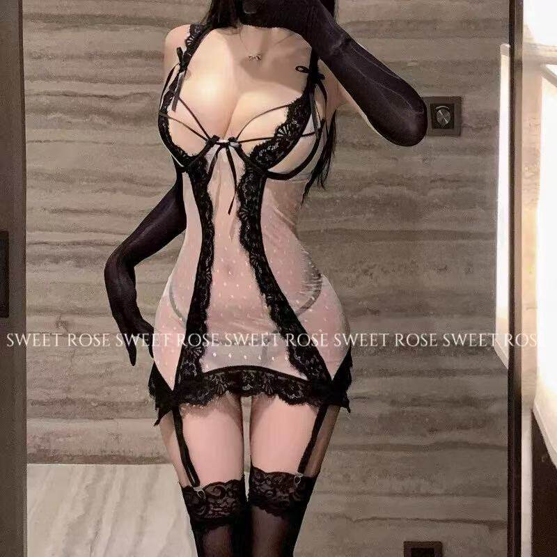 性感纯欲蕾丝边绑带欧美撞色波点包臀睡裙 超美淡粉吊带睡裙透视