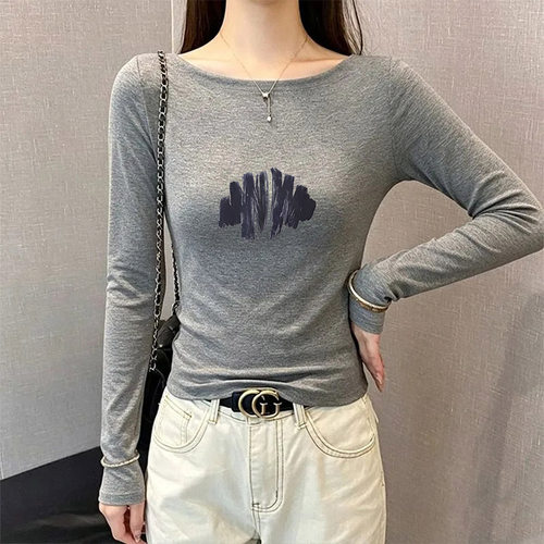 休闲日常秋季一字肩长袖T恤女纯色极简修身百搭打底衫ins显瘦上衣