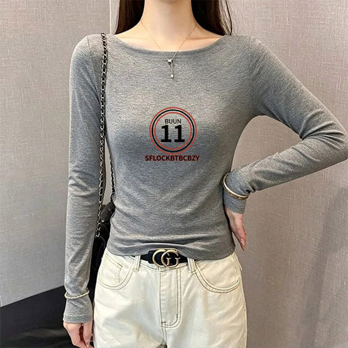 简约通勤秋季一字肩长袖T恤女纯色极简修身百搭打底衫ins显瘦上衣