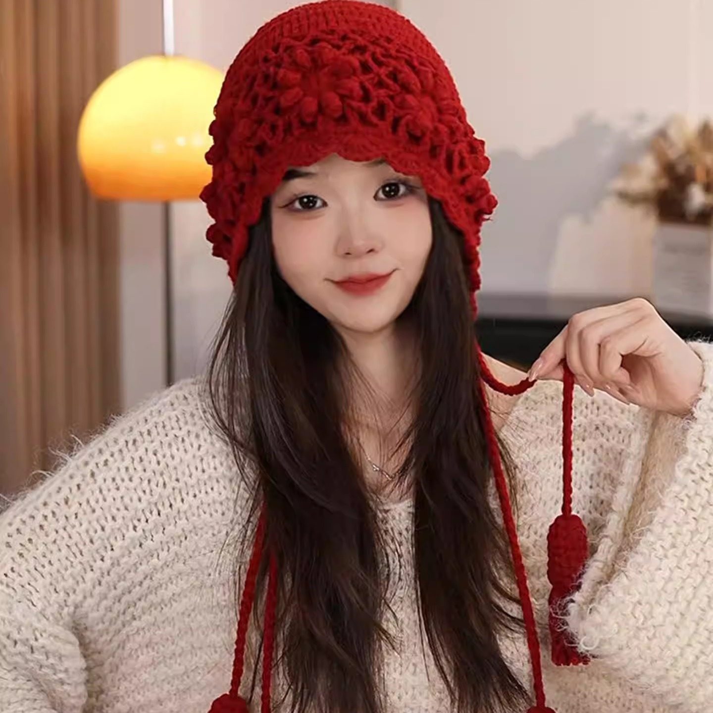 新款红色镂空针织帽子女秋冬旅行拍照显脸小包头帽流苏手工毛线帽