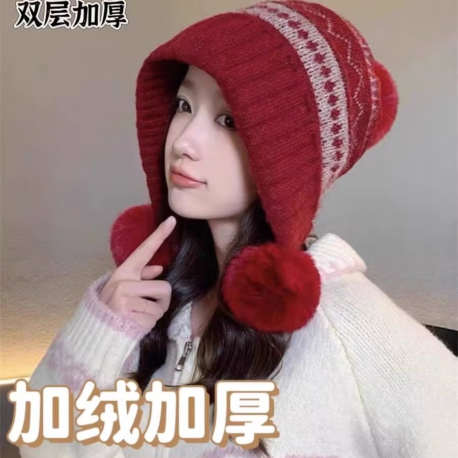 加厚保暖护耳针织帽子女秋冬季费尔岛毛线帽毛绒雪地帽防寒雷锋帽