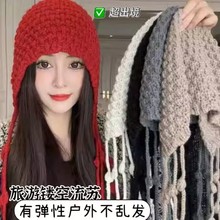 红色流苏帽女川西旅游针织包头帽春夏秋冬季出游镂空毛线帽显脸小