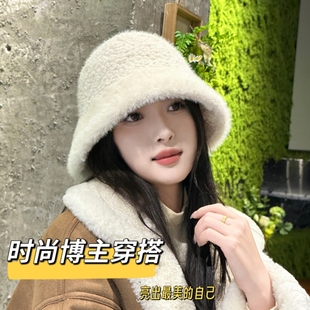 秋冬渔夫帽女时尚保暖毛绒盆帽显脸小素颜水桶帽大头围防羊羔毛潮