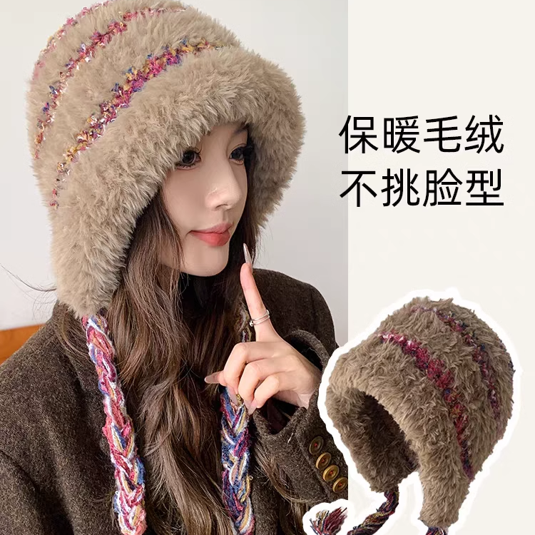 大头围针织帽女秋冬新款保暖加厚毛绒绒流苏针织帽防风护耳显脸小