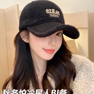 羊羔绒帽女秋冬季防寒保暖显脸小棒球帽新款大头圆脸毛绒鸭舌帽