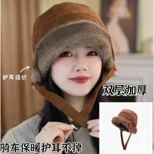 麂皮绒加厚护耳雷锋帽女秋冬加绒大头围蒙古帽冬季保暖防寒护耳帽
