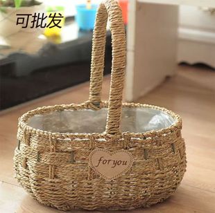 草编花篮摆件藤编编织手提干花鲜花插花篮子圆形摆件小花蓝花器篮