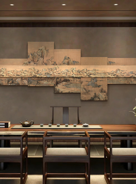 新中式办公室多层装饰画酒店江山秋色图背景挂画别墅山水风景壁画