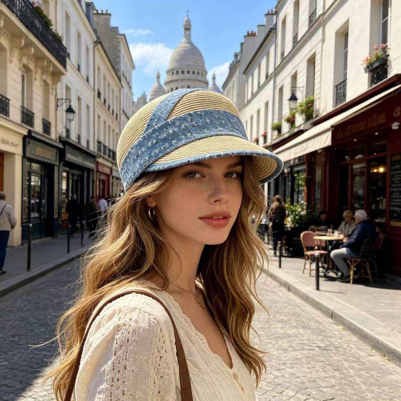 V54【韩版.牛仔亮片马术帽】羽毛装饰草编马术帽女夏季时尚百搭防