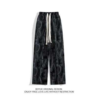 港风薄款灯芯绒字母满印抽绳休闲裤男潮牌百搭高街宽松直筒长裤子