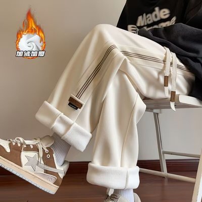 加绒加厚条纹休闲裤男款美式潮牌痞帅宽松直筒松紧腰阔腿裤子ins