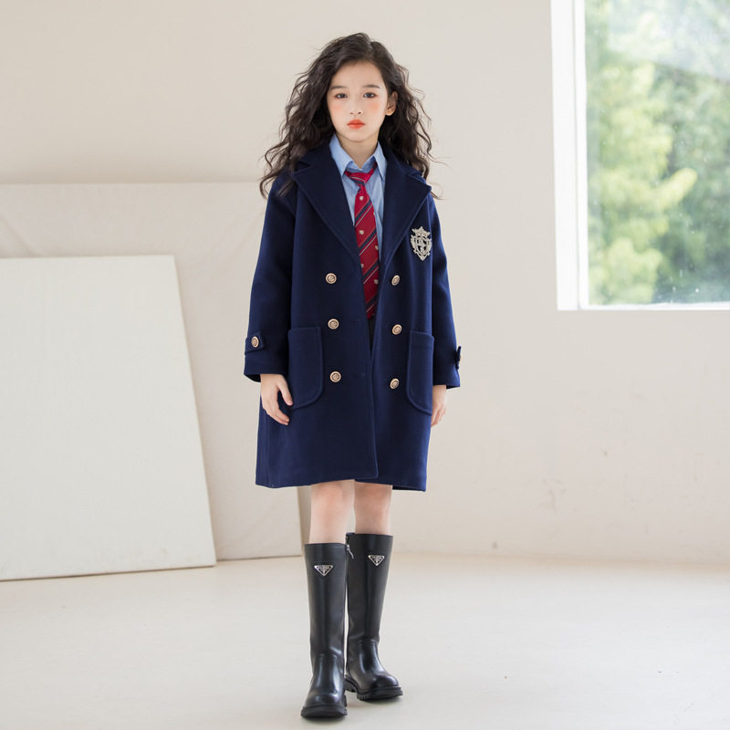 女童毛呢外套英伦学院风2024冬装加厚中长款大童夹棉呢子大衣保暖