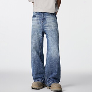 GTRG美式街头复古水洗做旧牛仔裤男宽松12.8盎司A字大直筒长裤