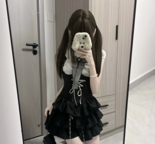 自制娃娃领衬衫背带裙y2k亚文化暗黑格雷系凛凛蝶自设