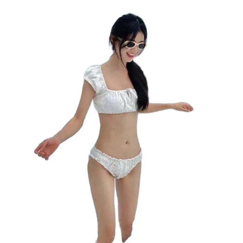 泳衣游泳衣沙滩比基尼温泉高级感海边度假露背女泡泡袖一字肩ins