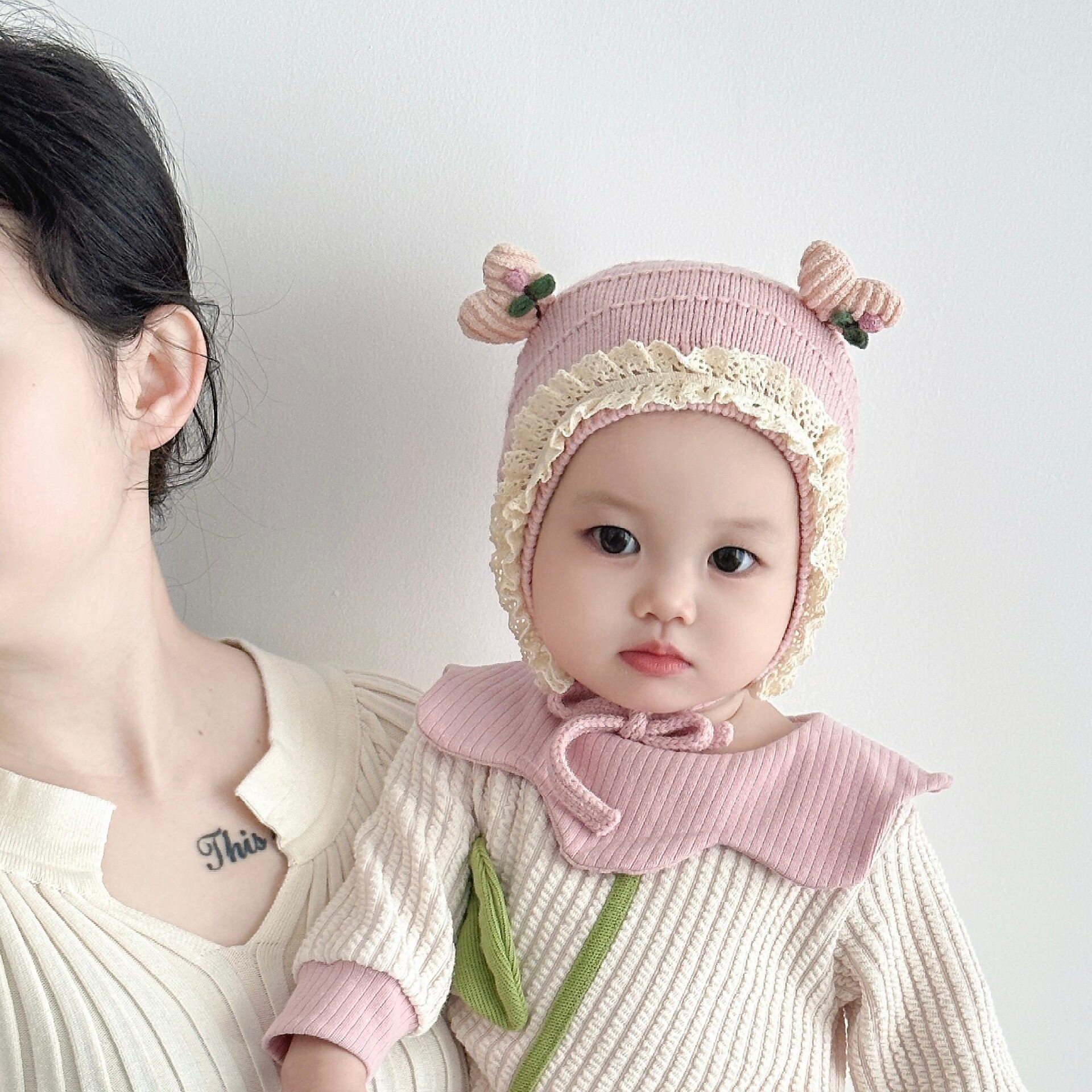 婴儿帽子秋冬季套头帽婴幼儿护耳帽女宝宝公主花边可爱超萌毛线帽