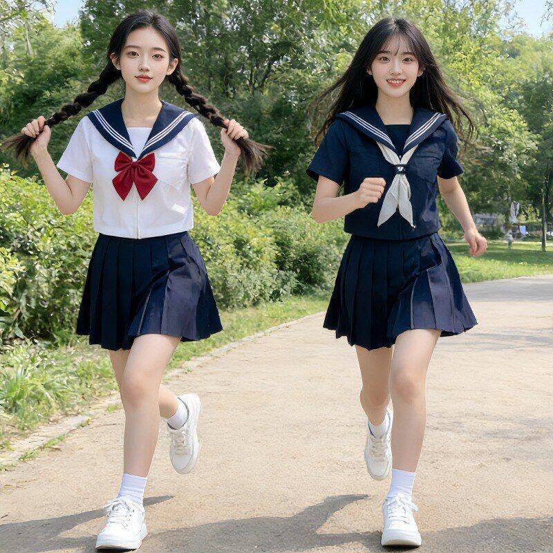 泰式新款女短袖水手服衬衫jk制服裙三本大码学生学院风百褶裙套装