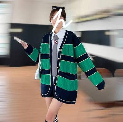 小景家同款 重磅金丝高级立体菱格条纹撞色毛衣开衫