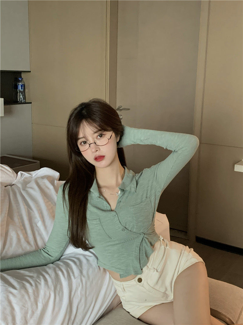 实拍实价 长袖翻领防晒开衫女外搭空调衫夏薄款修身短款针织
