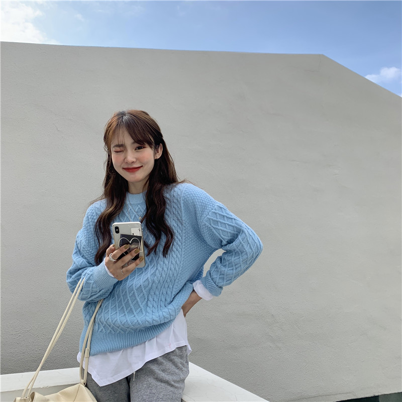 Real price blue Pullover Sweater women's loose wear season gentle style thickened medium length round neck top