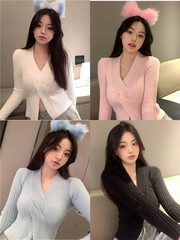 Real price design sense kink mink cashmere sweater women's care machine V-Neck Sweater bottom coat