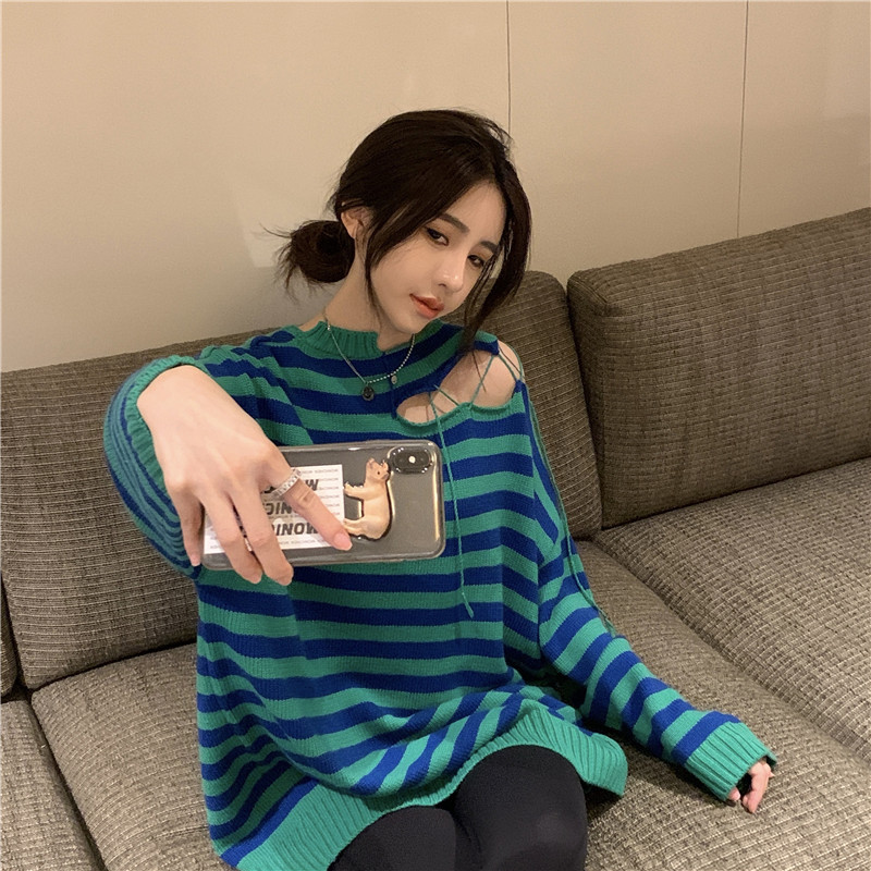 Real price sweater women's loose wear 2020 new design sense small wool off shoulder Pullover Sweater