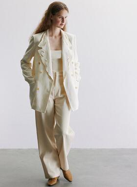 Holypark 2024PF 德隆亚麻汉麻经典镂空刺绣米白休闲西装