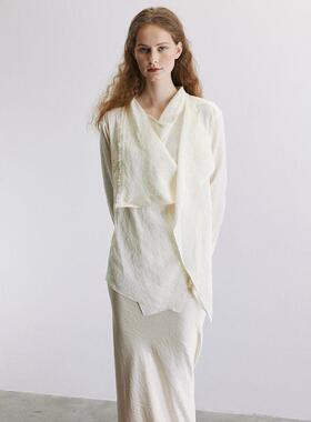 Holypark 24/PF 米白皱纸感面料荡领毛边长袖衬衫慵懒风开衫