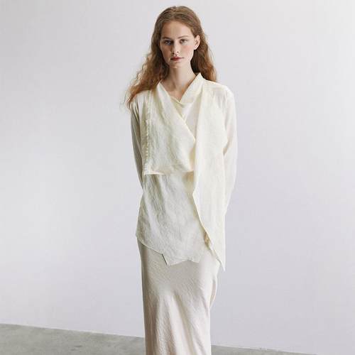 长袖衬衫荡领面料毛边米白皱纸感