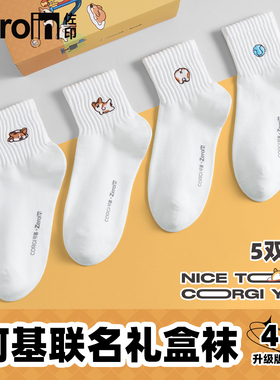 佐印男士袜子秋冬短袜10A抗菌薄款纯棉运动卡通刺绣短筒男生礼盒