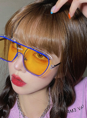 网红连体大框墨镜女复古ins黄色遮阳圆脸显瘦防风太阳眼镜男士潮